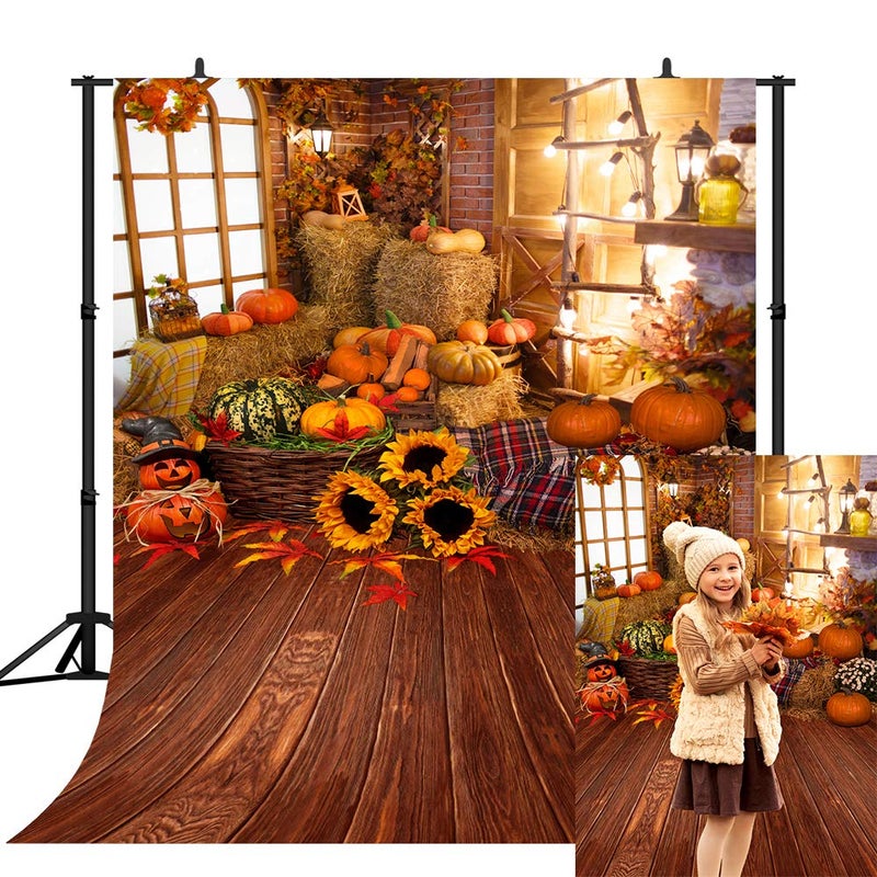 CapiSco 5X7FT Fall Thanksgiving Halloween Photo Backdrop Pumpkin Vinyl Background Wooden Floor Barn Autumn Pumpkins Maple Leaves Sunflower Backdrop for Kids Parties Family Portrait Backdrop SCO195A - Image 1